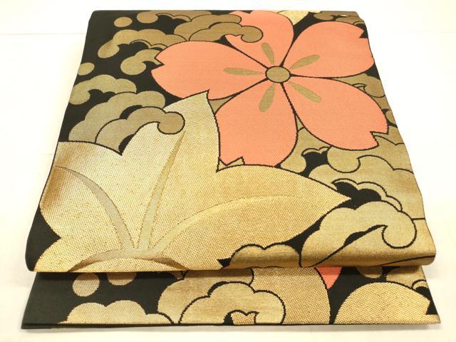 平和屋着物●織物一筋名門 織悦 全通柄 本袋帯 草花文 黒地 金糸 正絹 逸品 DAAW4291cm