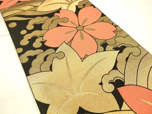 平和屋着物●織物一筋名門 織悦 全通柄 本袋帯 草花文 黒地 金糸 正絹 逸品 DAAW4291cm