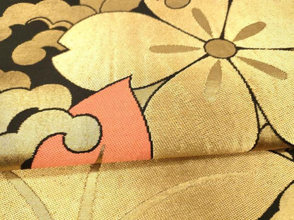 平和屋着物●織物一筋名門 織悦 全通柄 本袋帯 草花文 黒地 金糸 正絹 逸品 DAAW4291cm