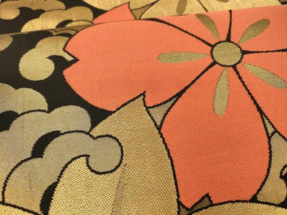 平和屋着物●織物一筋名門 織悦 全通柄 本袋帯 草花文 黒地 金糸 正絹 逸品 DAAW4291cm