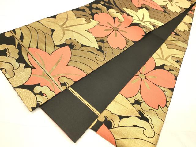 平和屋着物●織物一筋名門 織悦 全通柄 本袋帯 草花文 黒地 金糸 正絹 逸品 DAAW4291cm