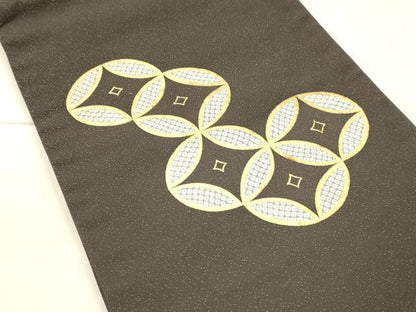 平和屋着物●九寸開き名古屋帯　吉祥鹿の子文　金彩　銀通し地　正絹　逸品　DAAW4292cm