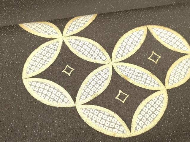 平和屋着物●九寸開き名古屋帯　吉祥鹿の子文　金彩　銀通し地　正絹　逸品　DAAW4292cm