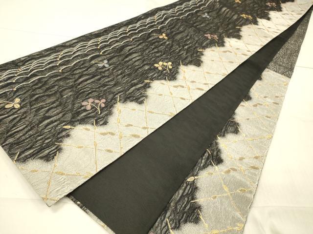 平和屋着物▽六通柄袋帯 スリーシーズン 春夏秋 草葉文 黒地 金糸 正絹 逸品 DAAW4352cm