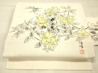 平和屋着物●九寸名古屋帯 作家物 手描き 紬地 草花文 逸品 DAAW4374cm