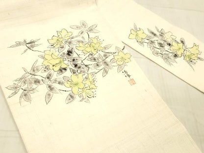 平和屋着物●九寸名古屋帯 作家物 手描き 紬地 草花文 逸品 DAAW4374cm
