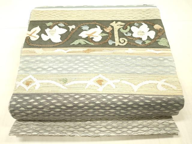 平和屋着物▽九寸名古屋帯 スリーシーズン 春夏秋 すくい織 草花文 金糸 正絹 逸品 DAAW4376cm