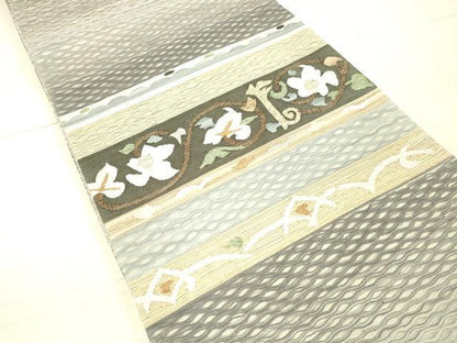 平和屋着物▽九寸名古屋帯 スリーシーズン 春夏秋 すくい織 草花文 金糸 正絹 逸品 DAAW4376cm