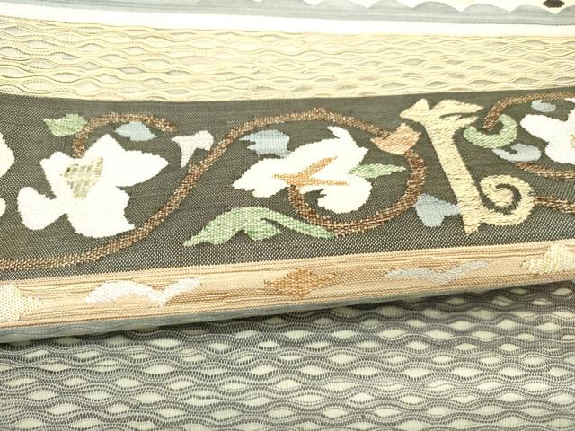 平和屋着物▽九寸名古屋帯 スリーシーズン 春夏秋 すくい織 草花文 金糸 正絹 逸品 DAAW4376cm