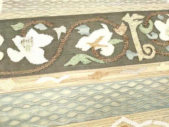 平和屋着物▽九寸名古屋帯 スリーシーズン 春夏秋 すくい織 草花文 金糸 正絹 逸品 DAAW4376cm