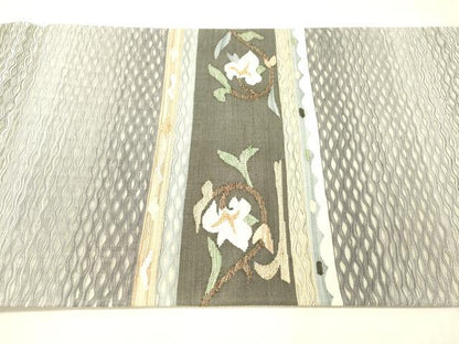 平和屋着物▽九寸名古屋帯 スリーシーズン 春夏秋 すくい織 草花文 金糸 正絹 逸品 DAAW4376cm