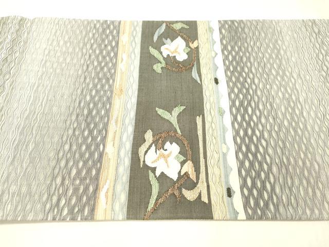平和屋着物▽九寸名古屋帯 スリーシーズン 春夏秋 すくい織 草花文 金糸 正絹 逸品 DAAW4376cm