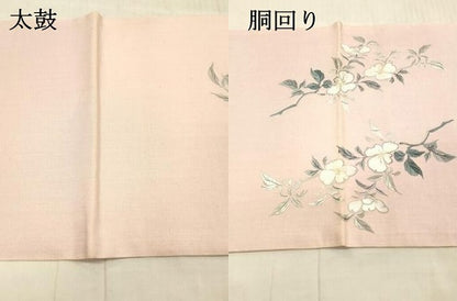 平和屋着物●太鼓柄袋帯 紬地 総刺繍 枝花文 正絹 逸品 DAAW4377cm