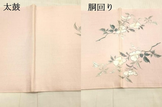 平和屋着物●太鼓柄袋帯 紬地 総刺繍 枝花文 正絹 逸品 DAAW4377cm