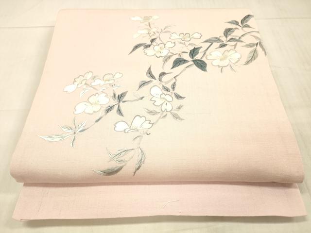 平和屋着物●太鼓柄袋帯 紬地 総刺繍 枝花文 正絹 逸品 DAAW4377cm