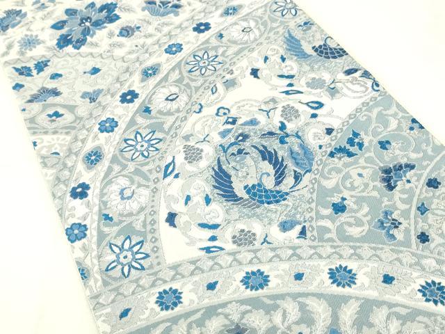 平和屋着物●六通柄袋帯　紹巴藍染　鳳凰花唐草文　正絹　逸品　DAAW4440cm