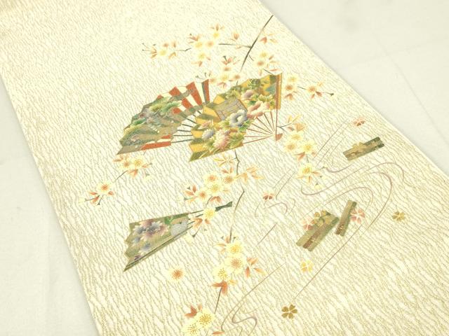 平和屋着物●太鼓柄袋帯　流水扇面花文　金銀彩　正絹　逸品　DAAW4443cm