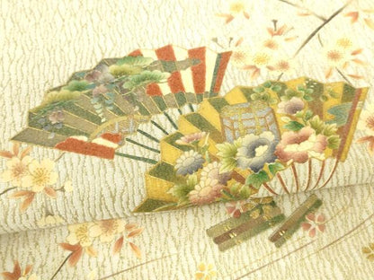 平和屋着物●太鼓柄袋帯　流水扇面花文　金銀彩　正絹　逸品　DAAW4443cm