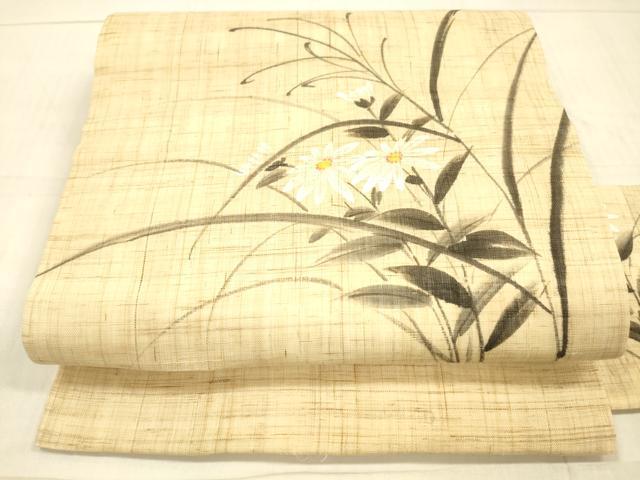 平和屋着物＊夏物 九寸名古屋帯 手描き 草花文 麻 逸品 DAAW4497cm