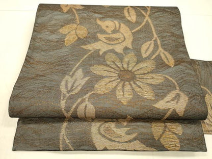 平和屋着物＊夏物 九寸名古屋帯 草花文 黒地 金糸 正絹 逸品 DAAW4500cm