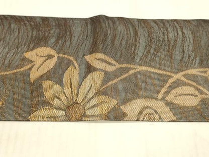 平和屋着物＊夏物 九寸名古屋帯 草花文 黒地 金糸 正絹 逸品 DAAW4500cm