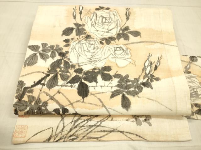 平和屋着物＊夏物 九寸名古屋帯 作家物 手描き 紬地 薔薇 草葉文 正絹 逸品 DAAW4502cm