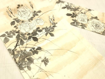 平和屋着物＊夏物 九寸名古屋帯 作家物 手描き 紬地 薔薇 草葉文 正絹 逸品 DAAW4502cm