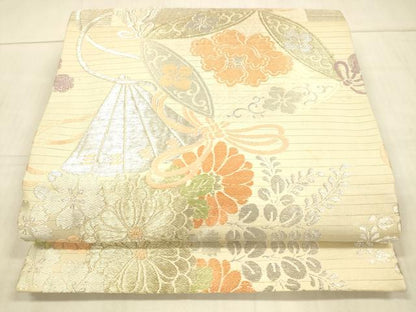平和屋着物＊夏物 アンティーク 大正ロマン 丸帯 檜扇草花文 金銀糸 正絹 逸品 DAAW4506cm