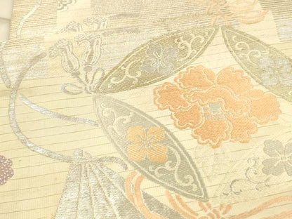 平和屋着物＊夏物 アンティーク 大正ロマン 丸帯 檜扇草花文 金銀糸 正絹 逸品 DAAW4506cm