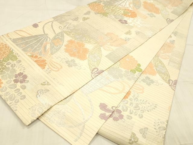 平和屋着物＊夏物 アンティーク 大正ロマン 丸帯 檜扇草花文 金銀糸 正絹 逸品 DAAW4506cm