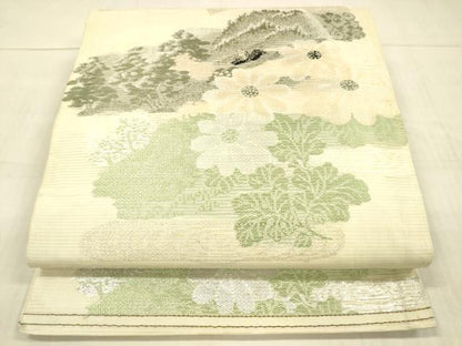 平和屋着物＊夏物 アンティーク 大正ロマン 丸帯 風景草花文 銀糸 正絹 逸品 DAAW4509cm