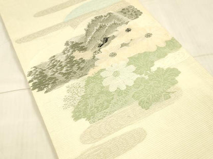 平和屋着物＊夏物 アンティーク 大正ロマン 丸帯 風景草花文 銀糸 正絹 逸品 DAAW4509cm