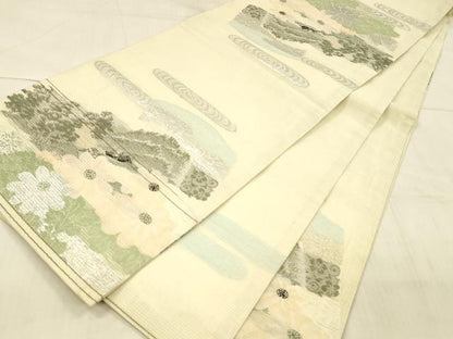 平和屋着物＊夏物 アンティーク 大正ロマン 丸帯 風景草花文 銀糸 正絹 逸品 DAAW4509cm