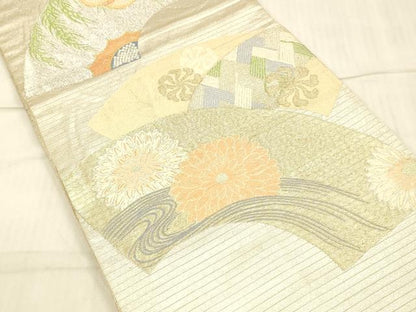 平和屋着物＊夏物 アンティーク 大正ロマン 丸帯 地紙流水花文 金銀糸 正絹 逸品 DAAW4511cm