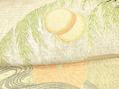 平和屋着物＊夏物 アンティーク 大正ロマン 丸帯 地紙流水花文 金銀糸 正絹 逸品 DAAW4511cm