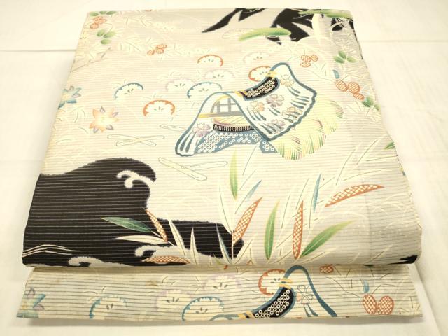 平和屋着物＊夏物 アンティーク 大正ロマン 丸帯 風景鹿の子草花文 黒地 正絹 逸品 DAAW4512cm