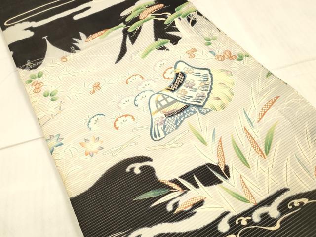 平和屋着物＊夏物 アンティーク 大正ロマン 丸帯 風景鹿の子草花文 黒地 正絹 逸品 DAAW4512cm