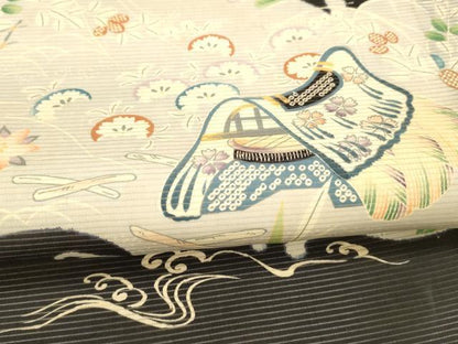 平和屋着物＊夏物 アンティーク 大正ロマン 丸帯 風景鹿の子草花文 黒地 正絹 逸品 DAAW4512cm
