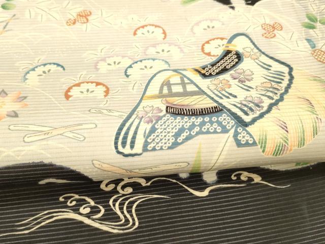 平和屋着物＊夏物 アンティーク 大正ロマン 丸帯 風景鹿の子草花文 黒地 正絹 逸品 DAAW4512cm