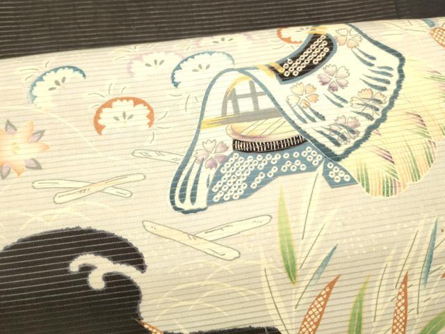 平和屋着物＊夏物 アンティーク 大正ロマン 丸帯 風景鹿の子草花文 黒地 正絹 逸品 DAAW4512cm