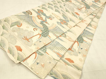 平和屋着物＊夏物 アンティーク 大正ロマン 丸帯 流水孔雀花文 正絹 逸品 DAAW4515cm