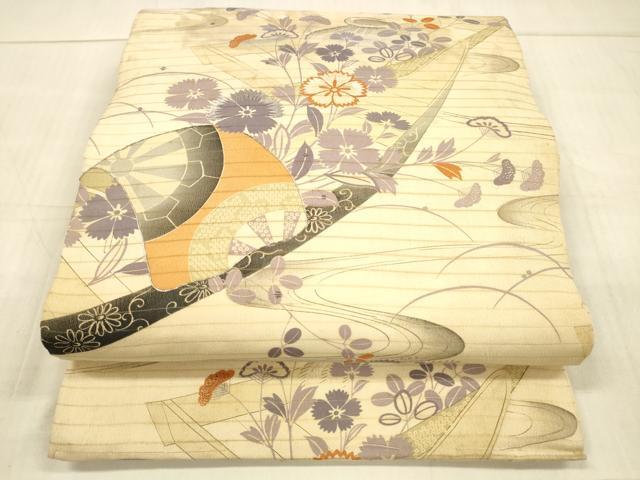 平和屋着物＊夏物 アンティーク 大正ロマン 丸帯 駒刺繍 流水草花舟文 正絹 逸品 DAAW4516cm