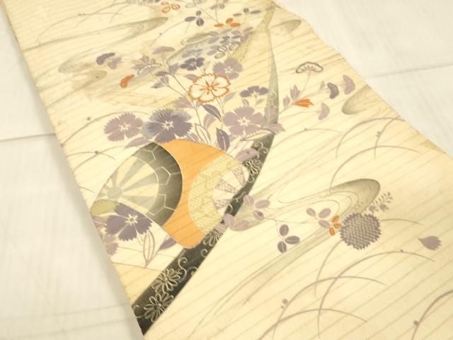 平和屋着物＊夏物 アンティーク 大正ロマン 丸帯 駒刺繍 流水草花舟文 正絹 逸品 DAAW4516cm