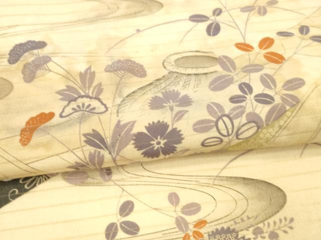 平和屋着物＊夏物 アンティーク 大正ロマン 丸帯 駒刺繍 流水草花舟文 正絹 逸品 DAAW4516cm