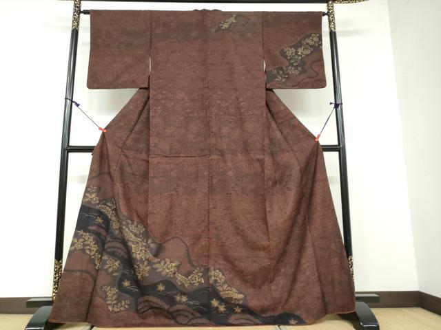 平和屋着物●訪問着 生紬 絞り 道長草花文 金彩 正絹 逸品 DAAW5260ud