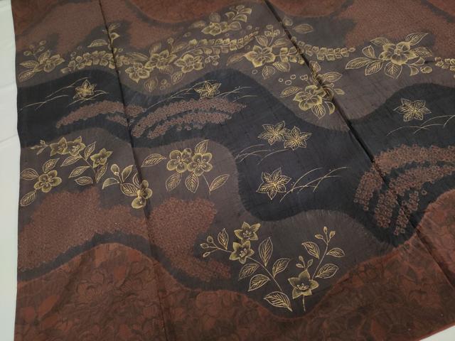 平和屋着物●訪問着 生紬 絞り 道長草花文 金彩 正絹 逸品 DAAW5260ud