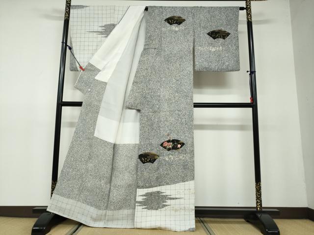 平和屋着物●訪問着　市川團十郎　地紙草花文　たたき染め　金彩　鈴乃屋扱い　正絹　逸品　DAAW5289ud