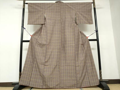 平和屋着物●上質な紬　格子文　正絹　逸品　DAAW5328ud