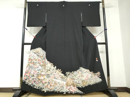 平和屋着物●本加賀友禅作家　土田外男　黒留袖　風景草花文　正絹　逸品　DAAW5361ud