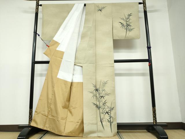 平和屋着物●訪問着 紬地 手描き 笹竹文 正絹 逸品 DAAW5465ud